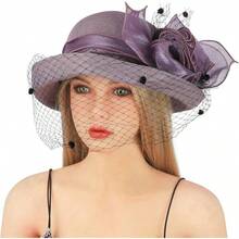 Womens Flower Church Derby Hat With Fascinator Wedding Bridal Tea Party Hats Bowler Cloche Bucket Hat - Purple - View 1