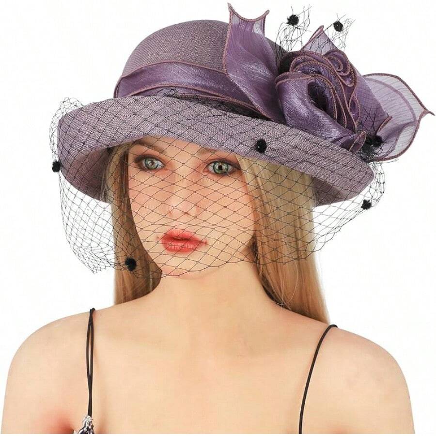 Womens Flower Church Derby Hat With Fascinator Wedding Bridal Tea Party Hats Bowler Cloche Bucket Hat - Purple - View 1