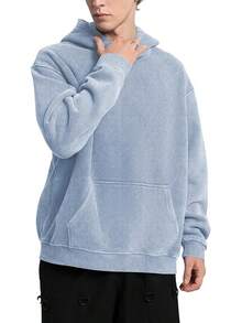 FAIABLE Mens Hoodies Oversized Unisex Wash Hoodie Heavyweight Fleece Vintage Cotton Sweatshirt Men Women Streetwear - 霧霾藍 - 查看 4
