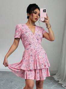 Vestido corto mujer estampado floral y plantas manga corta escote v verano casual día cordon ajustable bajo capas casual vacaciones primavera verano calle fiesta desayuno jardín calor - Rosa - Ver 4