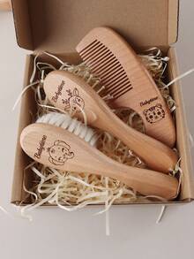 Customized Baby Shower Gift Set Natural Beechwood Flat Comb Set With Wool Brush & Massage Cushion - Personalized Name & Animal Designs For Hair Care & Scalp Health,Christmas Gift Supplies