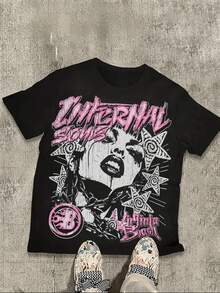 Featuring Pink And Black Art Print,Cotton 220 Grams Heavyweight Print T-Shirt, Casual Print,Summer - 黑色 - 查看 1