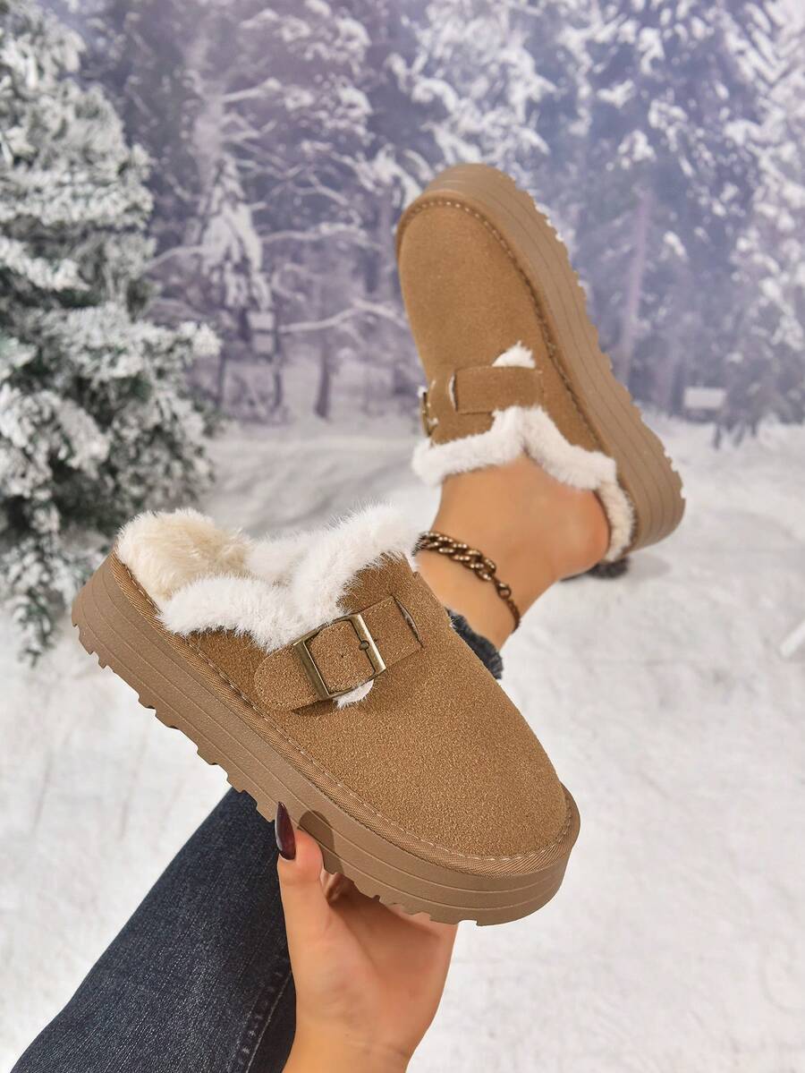 1 Đôi giày lười đế xuồng quai vải trơn màu thông thường, thích hợp để mặc ở nhà vào mùa thu/đông, giày lông, giày mule