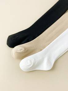 3 pares de mallas florales para niñas de primavera/otoño - Elásticas y cómodas, unicolor con diseño de rayas en la entrepierna, medias de punto suaves y de moda para pequeñas fashionistas - Multicolor - Ver 3