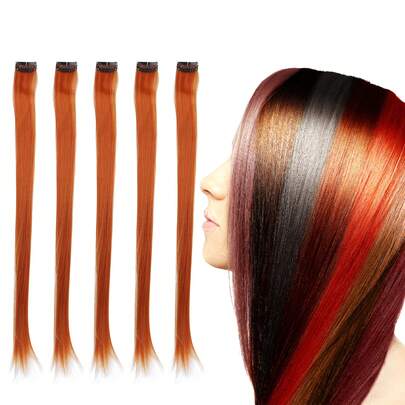 5 Piezas De Postizos Con Clip, Extensiones De Cabello Liso De Colores, Postizos Con Clip Para Fiestas Y Cosplay, Naranja