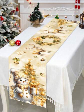 1 corredor de mesa com tema natalino, design de boneco de neve dourado e rena, adequado para decoração de centro de mesa de Natal, toalha de mesa para decoração de mesa de festa de Natal, 35x180 cm, corredor de mesa de poliéster.