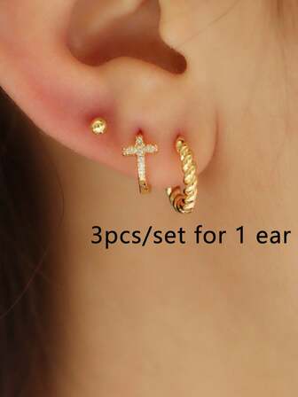 3pcs/Set Elegant Cubic Zirconia Cross Stud Earrings & Pendant Set, Copper Earrings For Women, Casual Accessories, Holiday Gift