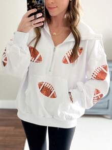 Womens Game Day Sweatshirts Football Sequin Hoodies Tailgate Outfits Long Sleeve Zipper Sweaters With Pocket - 白色 - 查看 3
