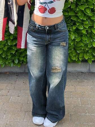 Jeans rectos de tiro bajo y pierna ancha desgastados y rotos de estilo casual para mujer