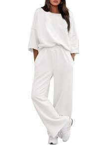 Fisoew Women Two Piece Lounge Set Casual 34 Sleeve Tunic Top And Wide Leg Pants Cozy Fall Outfits Y2K Matching Sets Soft Travel Loungewear Breathable Jogger Suit - 白色 - 查看 2