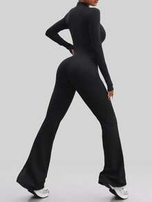 Aaseow 女式连体裤长袖瑜伽修身弹力连体衣健身女式黑色基本款运动服紧身拉链 - 黑色 - 查看 3
