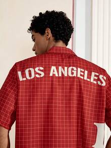 男士字母格纹宽松短袖梭织红色衬衫，街头风 - 彩色 - 查看 2