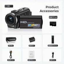 STUOGYUM 最新款 270° 翻转屏相机：16 倍光学变焦，1080P 高清视频，30fps，3 英寸显示屏，高清广角。内置 64GB 存储空间（可扩展），1000mAh 长效电池，自动对焦和 LED 闪光灯 - 专业摄影相机，适用于 Vlog、手机上传，集相机和摄像机于一体。