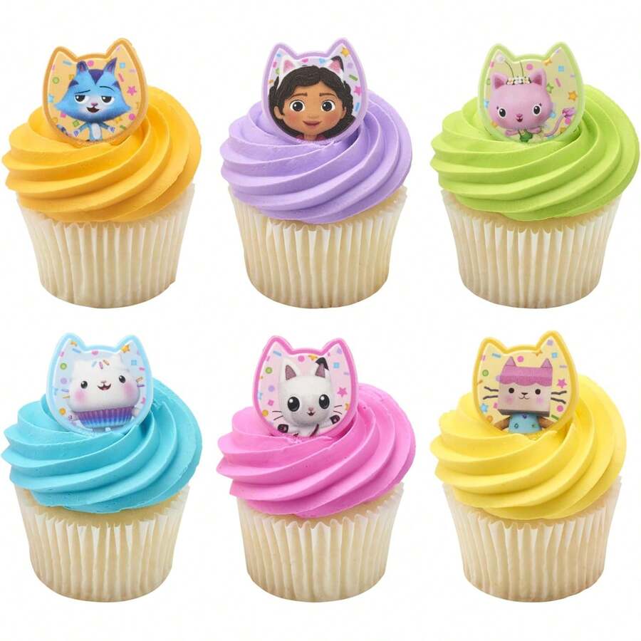 DecoPac  Gabby's Dollhouse Rings, 24 Cupcake Decorations Featuring Gabby, Pandy Paws, Irresistible Kitty Characters, And Super Fun Adventures!- 24 Pack - Trang trí bánh - Xem 1