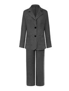 Bộ đồ nữ cỡ lớn gồm áo blazer dài tay cổ ve áo kẻ sọc và quần dài, kiểu dáng thường ngày, thích hợp cho mùa thu và mùa xuân. - Màu xám đen - Xem 3