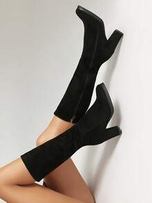 JIAOFEITI Giày bốt cao đến đầu gối mũi tròn đế xuồng chống thấm nước màu nâu, bốt thanh lịch dành cho nữ vào mùa thu/đông - đen - Xem 5