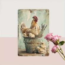 2D Plane, 1 Piece, 12x8 Inch Metal Sign For Rural Farmhouse Chickens And Chicks. Old 2D Printing Iron Wall Art, Weather-Resistant Indoor/Outdoor Decoration, Suitable For Pastures, Family Gardens, Random Hole Style. - Multicolor - View 4