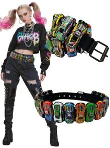 1 件手工拼色迷你赛车形腰带，适合女士，复古 Y2K 朋克风格，适合街头和拍照夏季、学校休闲、商务、男朋友丈夫父亲爸爸男士礼物、日常穿着、时尚、青少年、户外、度假、运动、旅行、街头、波西米亚风、复古秋季、秋季、万圣节秋冬配饰，适合青少年、青年、男士、休闲、户外、运动、度假、毕业礼物、生日、日常穿着（随机汽车款式）