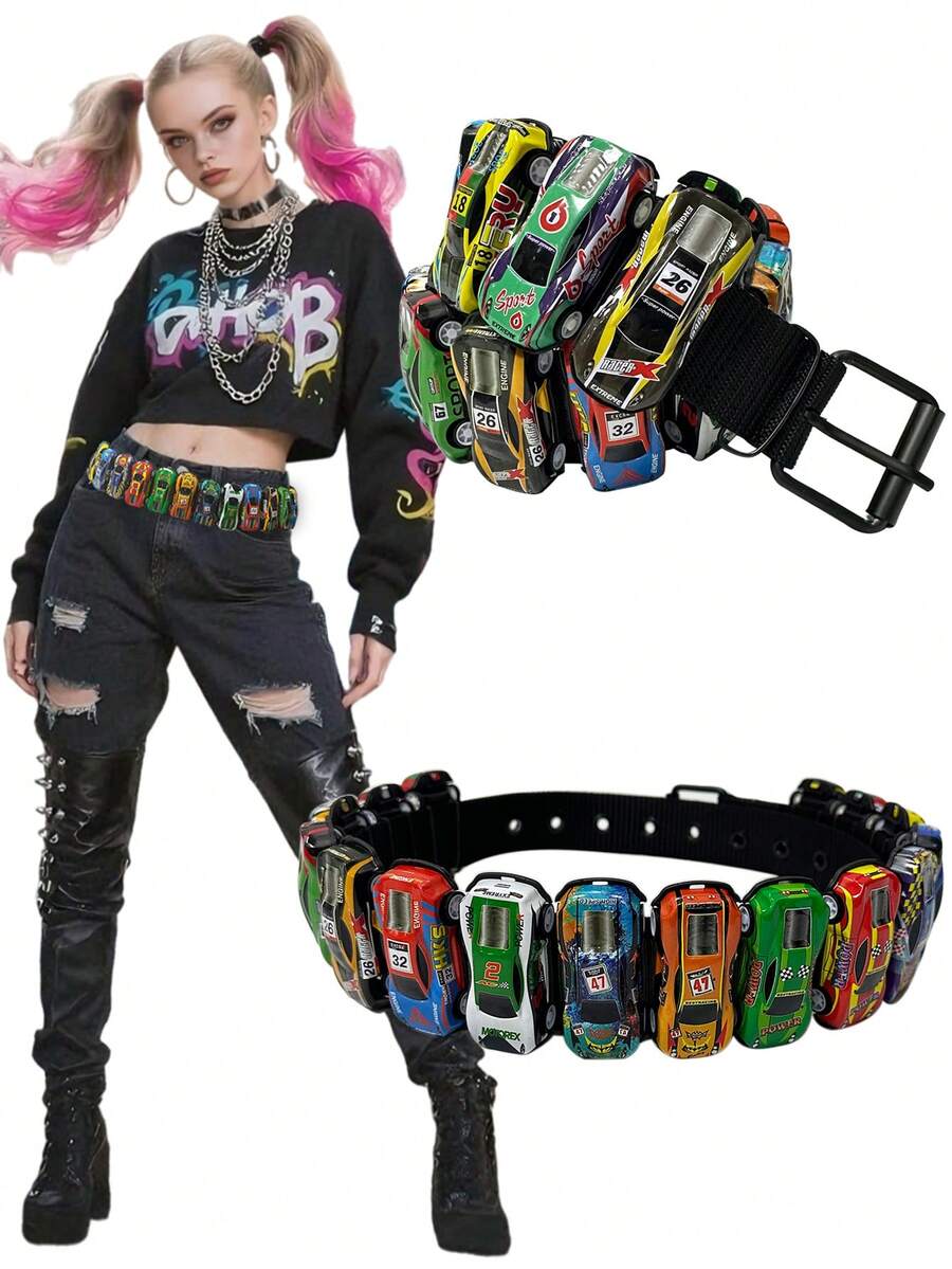 1 件手工拼色迷你赛车形腰带，适合女士，复古 Y2K 朋克风格，适合街头和拍照夏季、学校休闲、商务、男朋友丈夫父亲爸爸男士礼物、日常穿着、时尚、青少年、户外、度假、运动、旅行、街头、波西米亚风、复古秋季、秋季、万圣节秋冬配饰，适合青少年、青年、男士、休闲、户外、运动、度假、毕业礼物、生日、日常穿着（随机汽车款式）