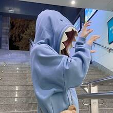 Women Cute Shark Hoodie Long Sleeve Blue Kawaii Animal Shark Shape Hooded Pullover Sweatshirts - 藍色 - 查看 5