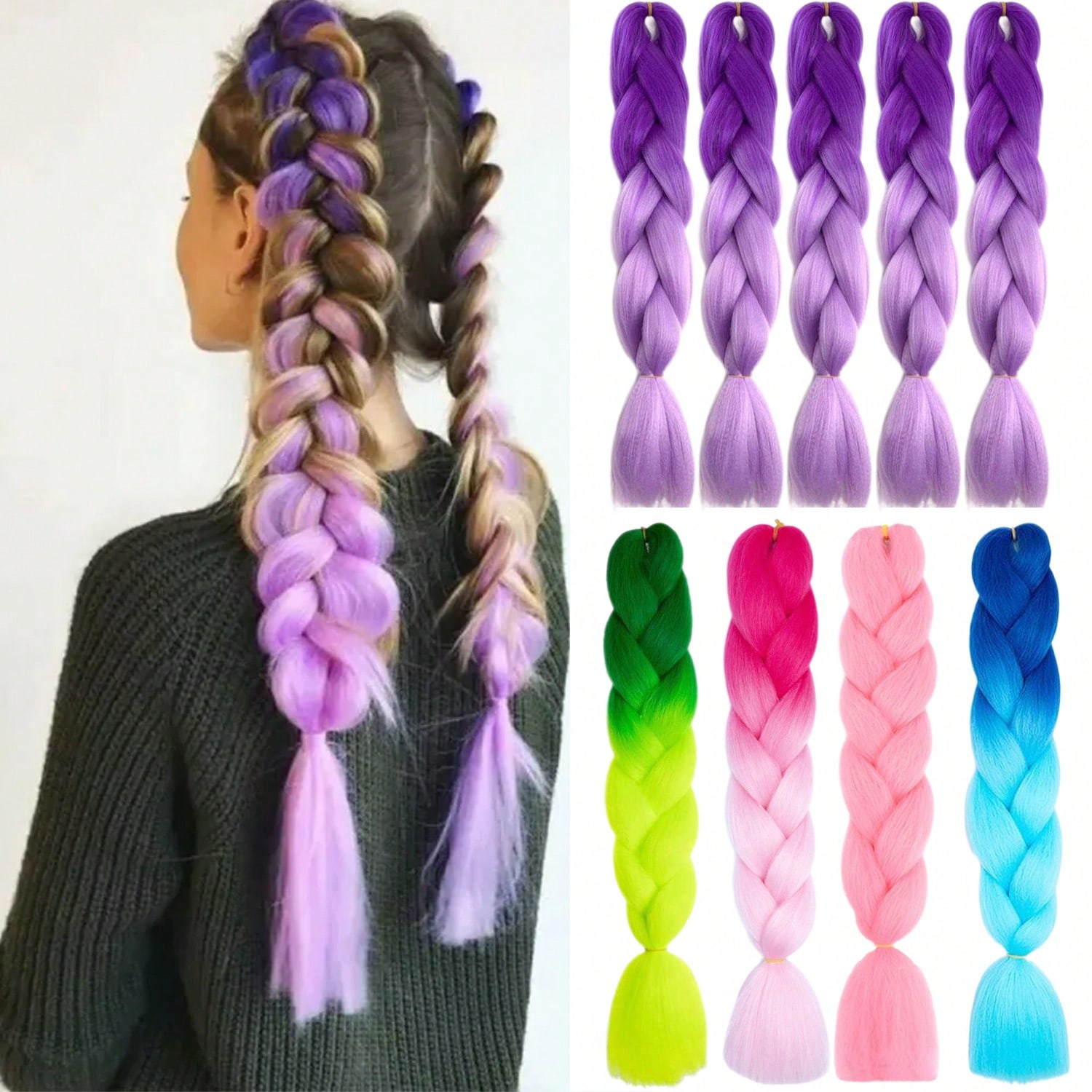 Piezas/Paquete Extensiones de cabello sintético trenzado Ombre Jumbo, 24 pulgadas, de moda para uso diario, fiesta, cosplay, Halloween