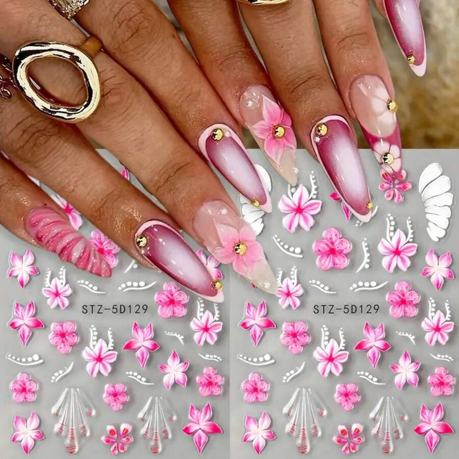 2 Sheets 5D Floral Nail Art Stickers - Pink & White Hibiscus & Butterfly Designs, Self-Adhesive Shimmering Embossed Decals For Summer Nail Art, Luxurious Manicure Decor For Women & Men, Nail Accessories, Elegant Nail Design, Highquality Prints - Hồng + trắng - Xem 1