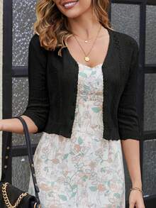 Women's Bolero Shrug 3/4 Sleeve Cropped Cardigan Knit Sweaters Open Front Spring And Summer Casual Elegant Jacket For Dresses - 黑色 - 查看 3