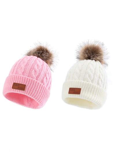 2 件 FAS 标志针织帽，男女通用，儿童保暖麻花针织帽