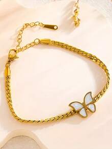 RAYQUEEN 1 pieza Conjunto de collar y pulsera de metal minimalista de alta calidad con mariposa blanca única y de moda, adecuado para uso diario - Dorado - Ver 5