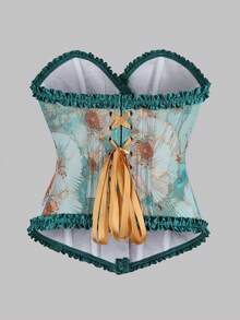 1pc Women's Unique Tight-Fitting Bralette, Green Bee Jacquard Underwire Bustier With Lace Trim, Back Tie Front Button Closure, Casual Summer Vacation Wear - Green - View 4