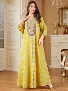 Women's Robe, Islamic Dubai Dignified Embroidered Luxurious Fashion Long Robe, Abaya Dress, Round Neck Arabic Robe Spring - Yellow - View 1
