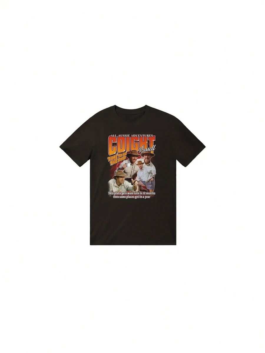 Men's Russell Coight Graphic-Shirt - Aussie Outback Adventure Design With Bold COIGHT Text - Dark Brown Breathable Streetwear Tee - Regular Fit Crew Neck Casual Shirt Everyday & Outdoor Activities - Washable All-Season Apparel, Leisure Clothing, Urban Fashion, Durable Construction, Short Sleeve Top, Urban Style, Soft Material, Street Fashion Lovers - màu đen - Xem 1