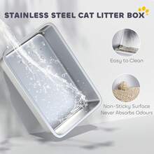 PawHut Stainless Steel Litter Box With Scoop, High Sided Cat Litter Tray - Grey - View 4