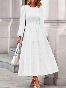 Womens Long Sleeve Fall Dresses Casual Crew Neck Smocked High Waist Tiered Flowy Maxi Dress With Pockets - 白色 - 查看 1