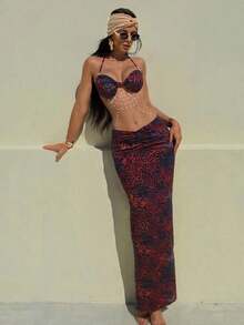 Women's Two Piece Maxi Skirt Sets Summer Beach Sexy Ruched Backless Pearls Chain Decor Crop Top And Cut Out Skirt - 紅色 - 查看 3