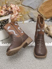 1 Pair Vintage Embroidered Hollow-Out Side Zipper Children's Western Boots - Brown - View 7
