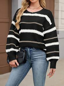 Women's Casual Striped Drop Shoulder Loose Pullover Long Sleeve Sweater Top, Black - Multicolor - View 7