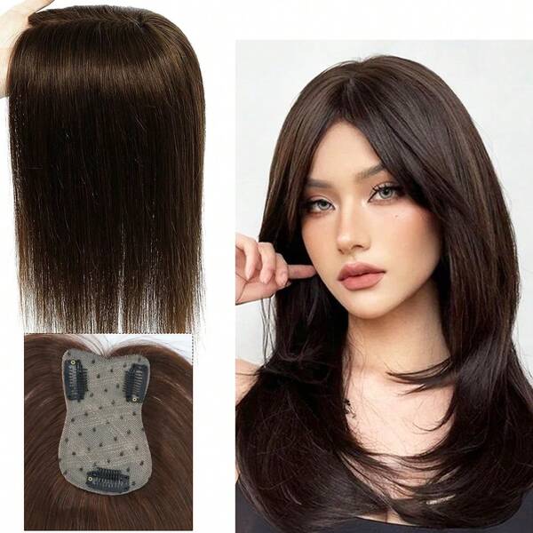 Postizos de tupé para mujer, postizos de 25 cm, cabello humano con adelgazamiento, castaño oscuro, sin flequillo