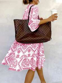 女式休闲度假全印花喇叭袖连衣裙