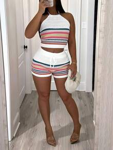 2pcs Women's Spring/Summer Outfit, Striped Colorblock Vacation Style, Tie-Neck Design, Fitted Knit Top, Cropped Sleeveless Shirt And Skinny Shorts, Summer 2-Piece Set For New Year