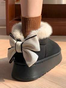 女士 EVA 厚底蝴蝶结设计保暖内衬防滑平底休闲鞋，温暖时尚，适合秋冬季 - 黑色 - 查看 9