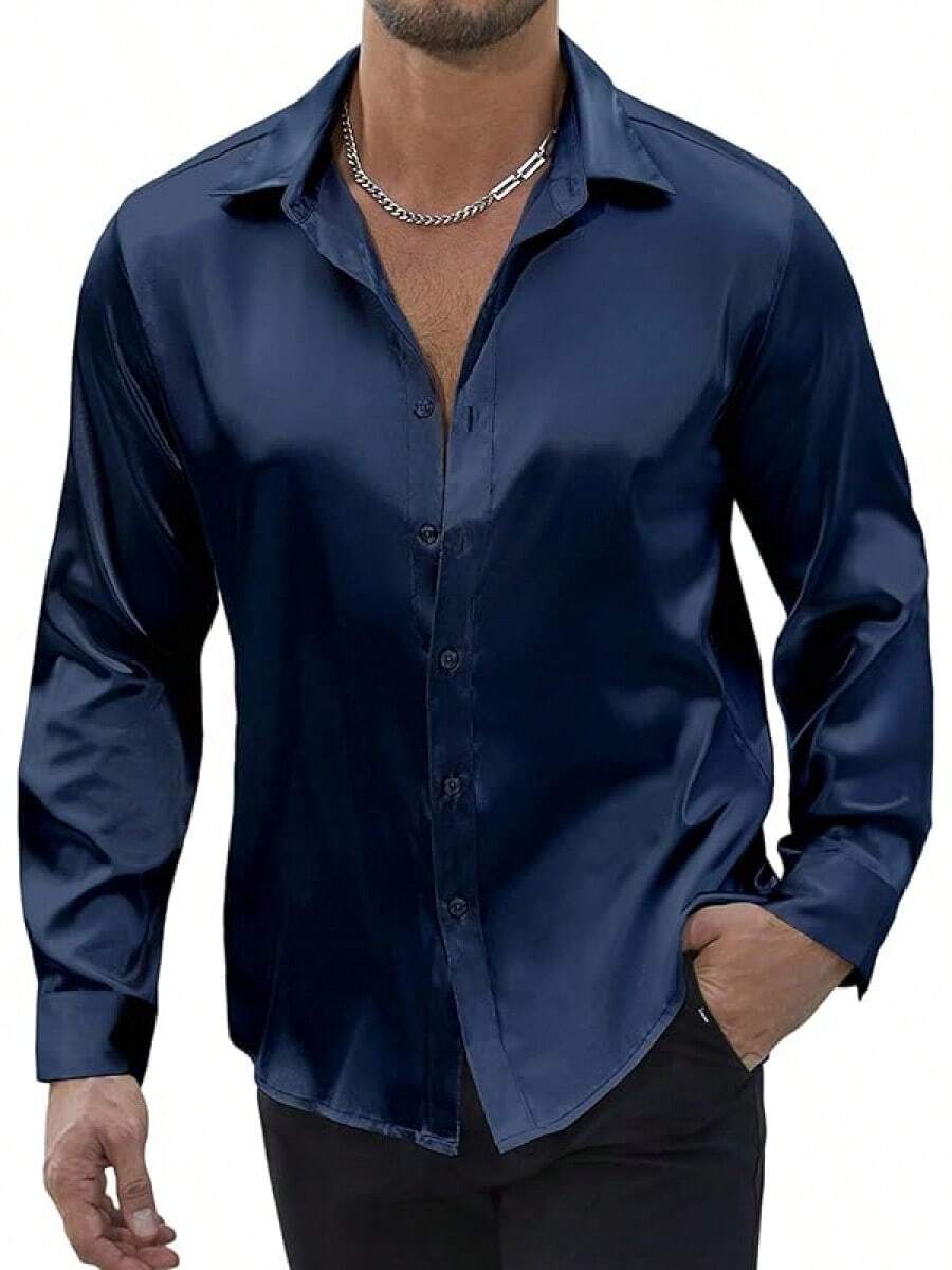 Mens Silk Satin Shirts Long Sleeve Button Down Loose Fit Dress Shirt Luxury Party Prom Wedding Shirtshalloween - 寶藍色 - 查看 1