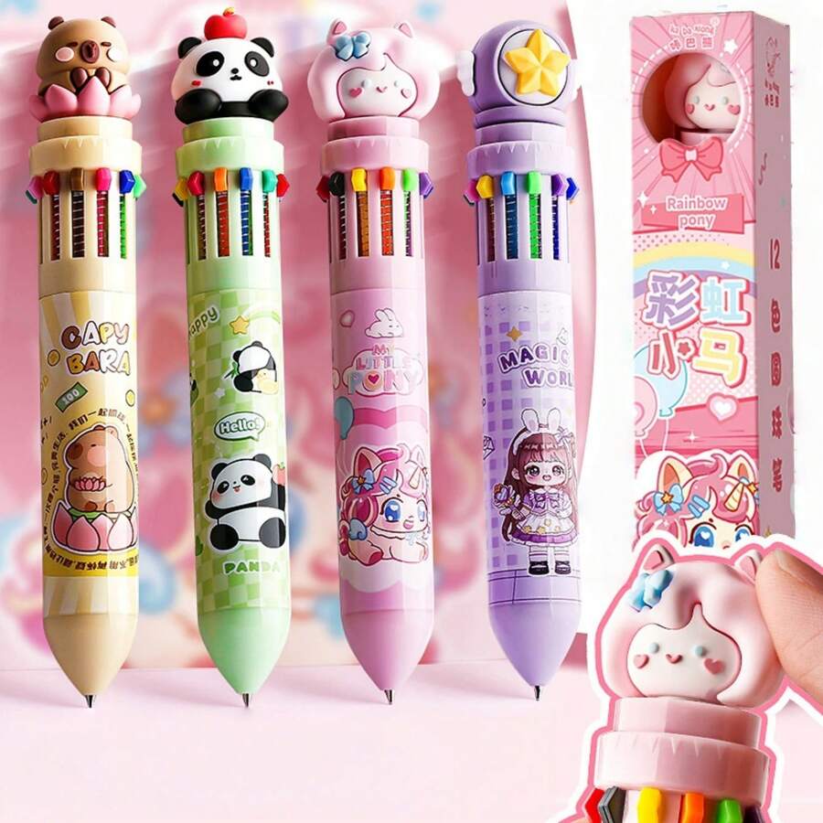 1pc 10/12 Colors Multi-Function Retractable Ballpoint Pen, Multicolor Cartoon Stationery Pen For Students, Journaling, Note-Taking