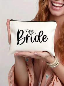 Bridal Bridesmaid Makeup Bag Wedding Bag Wedding Gift, Printed With The Letters "Bride/Sister Of The Bride" Canvas Zipper Bag, Wedding Party Gift, Multiple Styles Available, White Bag,Travel Storage Bag, Wash Bag, Hair Accessory Storage Bags, Practical Bride Team Gifts, Wedding Supplies, Bridal Party Gift For Besties And Sisters
