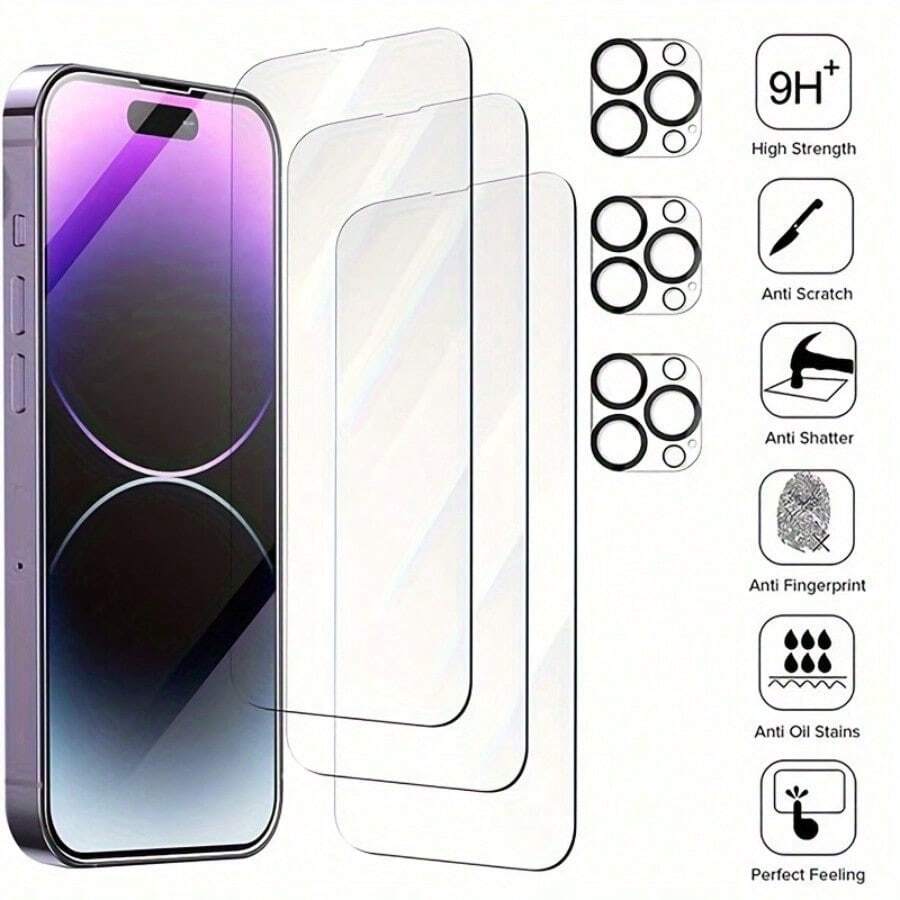 3 件屏幕保护膜 3 件相机保护膜兼容 16 15 14 13 12 11 Pro Max Plus 钢化玻璃屏幕保护膜相机镜头保护膜高清透明无气泡外壳防碎防刮前盖保护 - 非常适合作为送给朋友、家人、同事的小礼物屏幕保护必需品，适用于日常防护、办公室、家庭手机屏幕保护膜手机配件防水防震防摔防刮