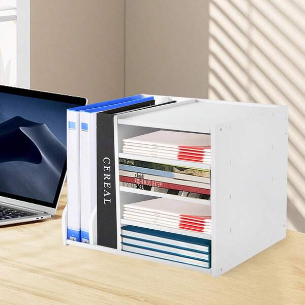 4+2 Desktop File Holder Organizer Mail Sorter Office Storage Bookshelf Magazines Holder For Home, Office, Classroom, Mailrooms Organization (White/Black)