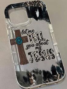 Religious Cross Design With Turquoise Flower And Inspirational Quote "Let Me Tell You About My Jesus" Transparent Personalized UV Printed Phone Case Suitable For IPhone 16/16Plus/16Pro/16ProMax 13/13Pro/13ProMax 12/12Pro/12ProMax 11/11Pro/11Pro Max 7/8 X/Xs - 透明 - 查看 3