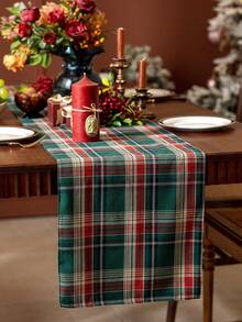 1pc Red & Green Plaid Printed Christmas Table Runner, Christmas Party Decor Table Runner, Suitable For Winter Christmas Party Gathering Home Table Decoration - Green - View 5
