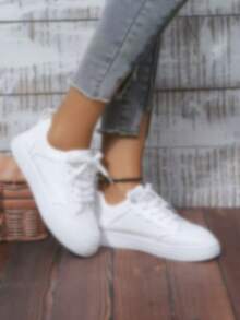 Women White Sneakers Spring Autumn Sport Running Shoes Casual Lace Up Flat Skid-Proof Shoes - trắng - Xem 3