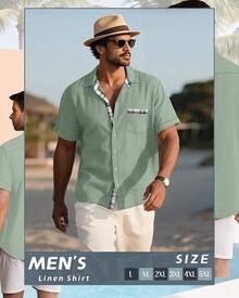 Men's Big And Tall Linen Shirts, Button Down Short Sleeve Summer Shirt Casual Cotton Beach Vacation Tops With Pockethalloween - Light Green - Xem 8
